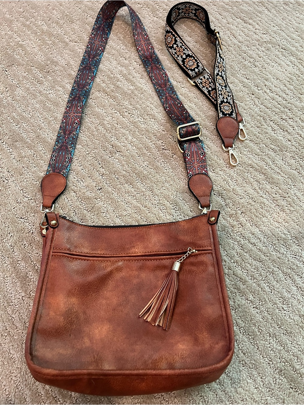 Brown Vegan Leather Crossbody Bag with Tassel and Adjustable Pattern Strap